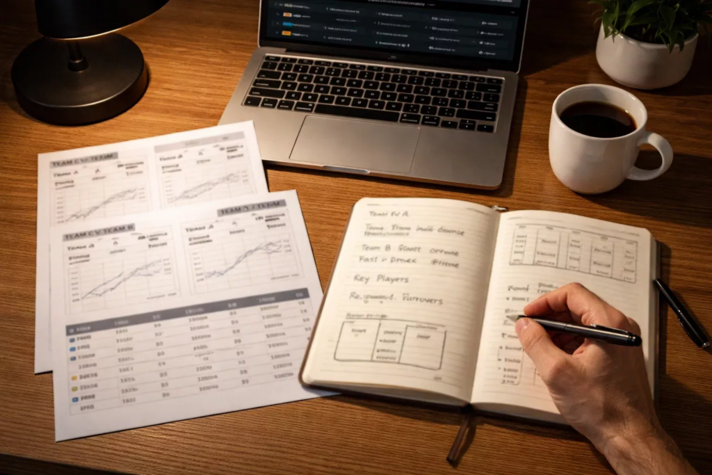 Persona analizando documentos y notas con datos de equipos NBA sobre un escritorio