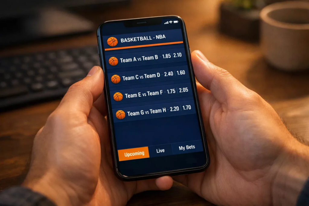 Persona sosteniendo un smartphone mostrando una aplicación de apuestas deportivas con cuotas de baloncesto