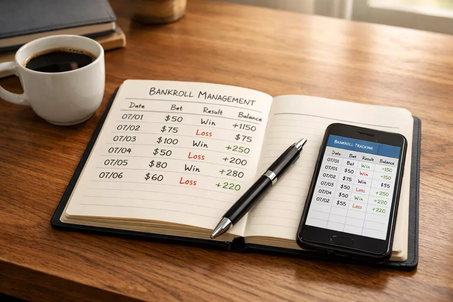 Persona organizando presupuesto de apuestas con notas y registro de resultados