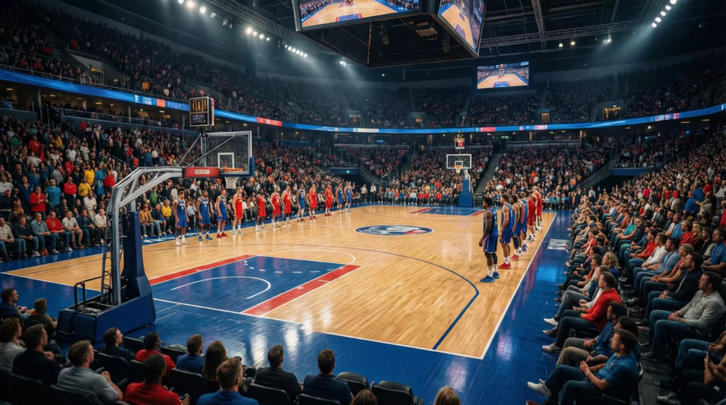 Vista panorámica de una cancha de baloncesto NBA durante un partido con aficionados en las gradas