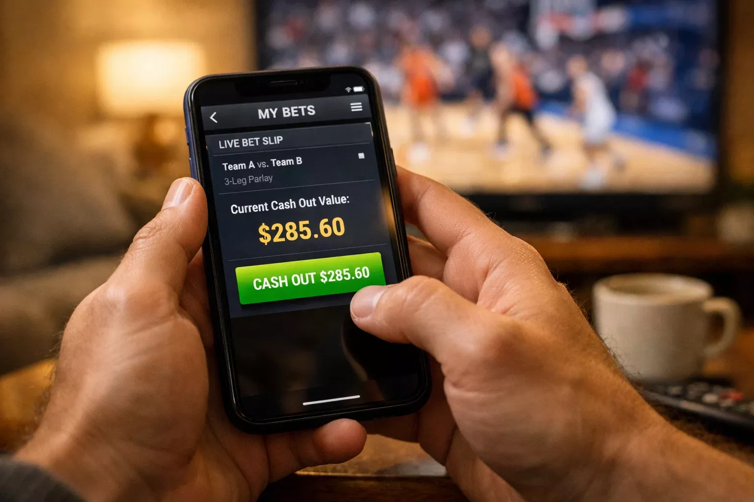 Persona decidiendo usar función cash out en aplicación de apuestas