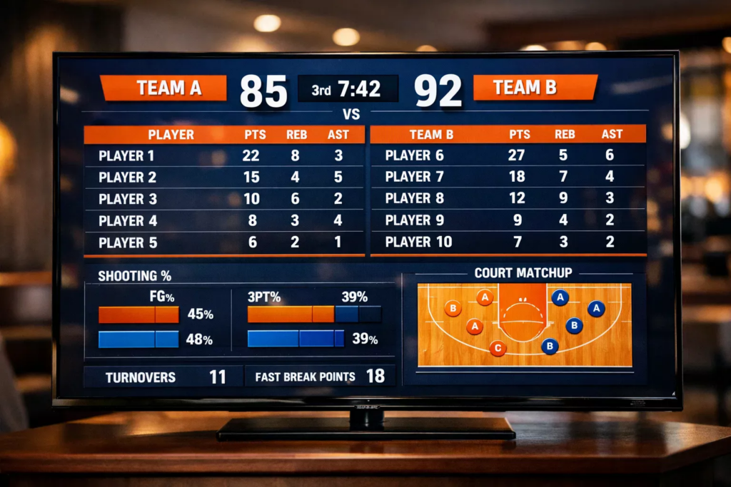Pantalla con estadísticas y marcadores de partidos de la NBA mostrando puntuaciones y datos de equipos