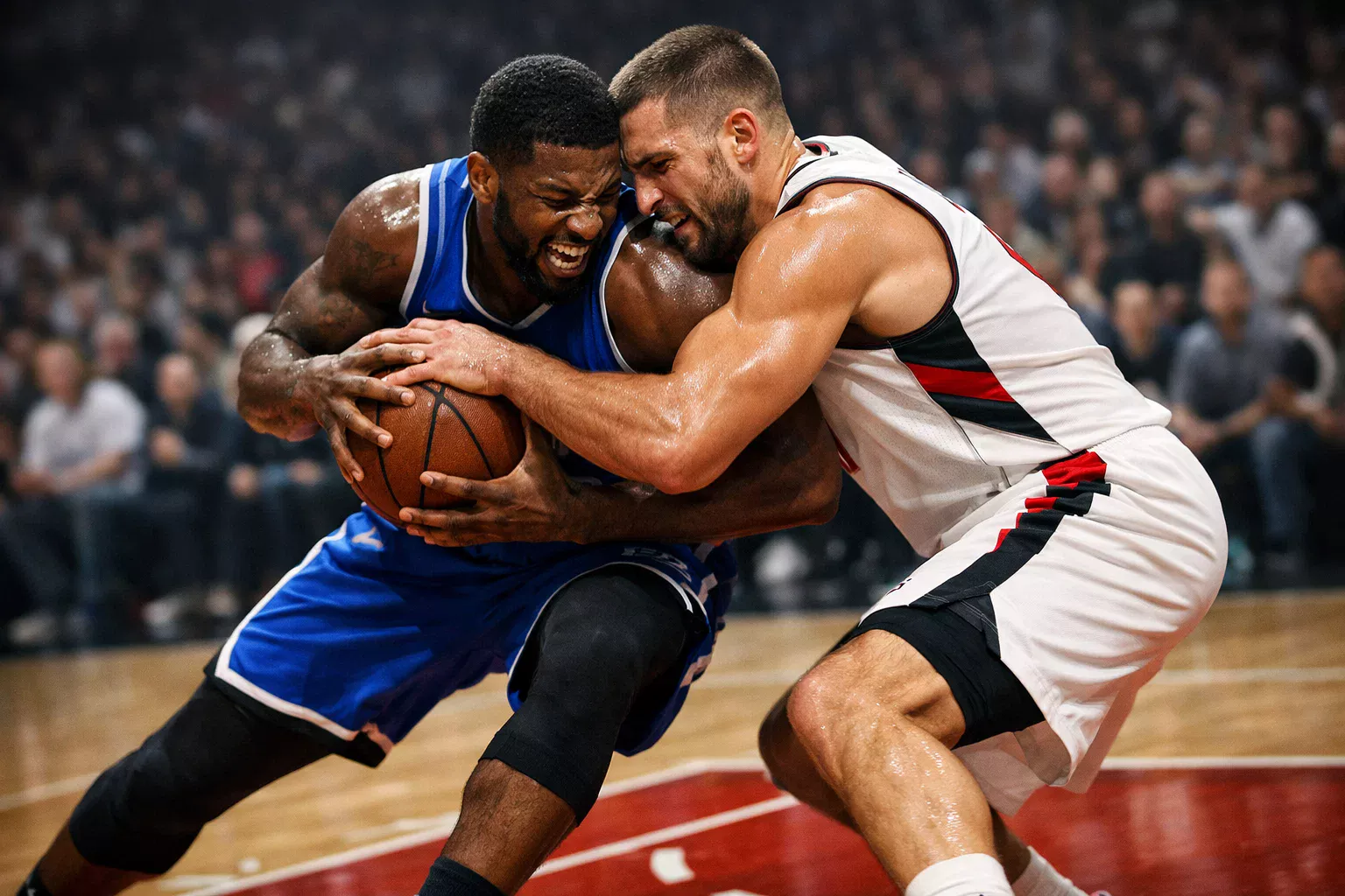 Jugadores de dos equipos NBA disputando el balón en el poste bajo
