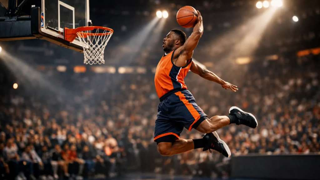 Jugador de baloncesto NBA ejecutando un mate espectacular en un pabellón iluminado