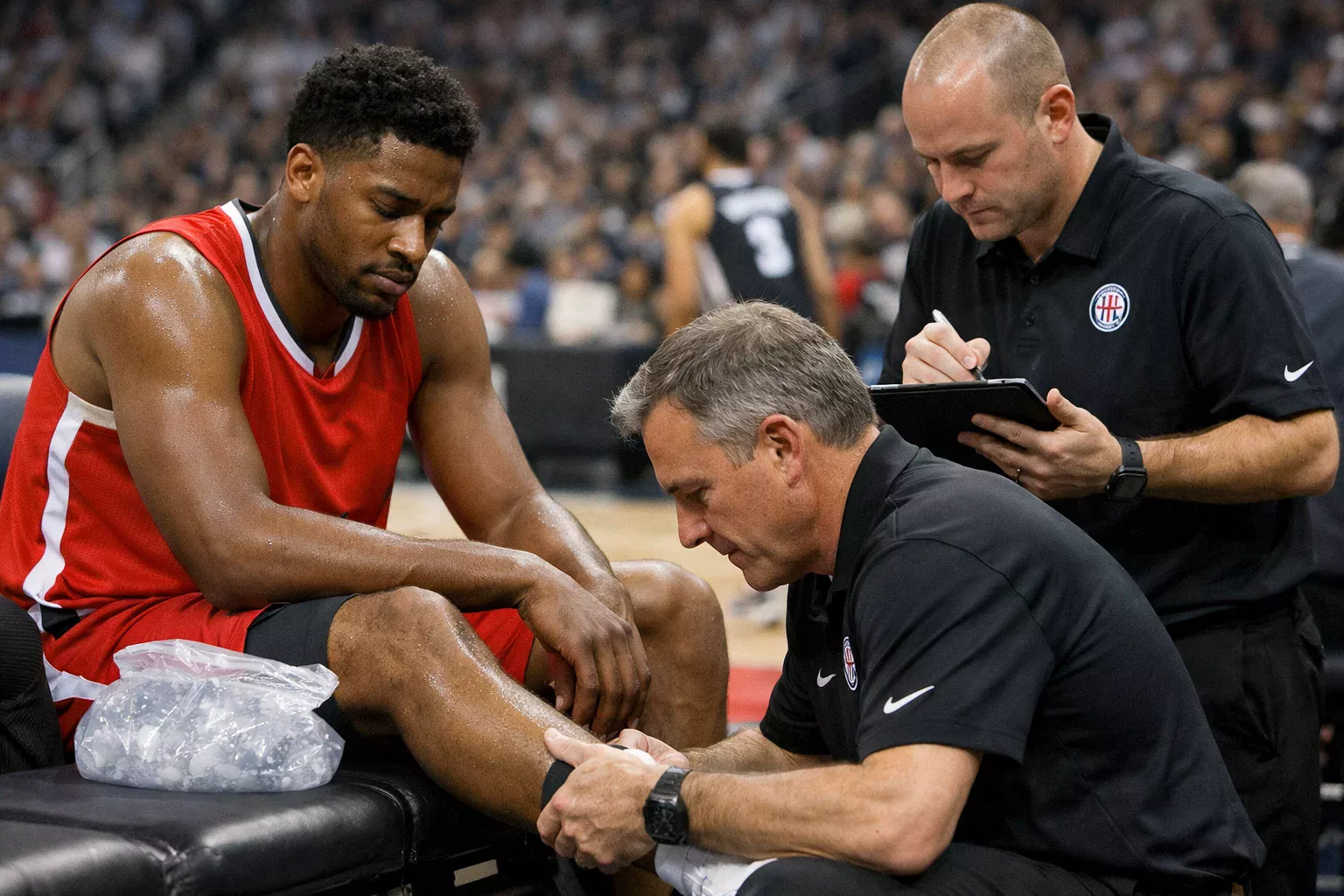 Entrenador y equipo médico evaluando a jugador en el banquillo