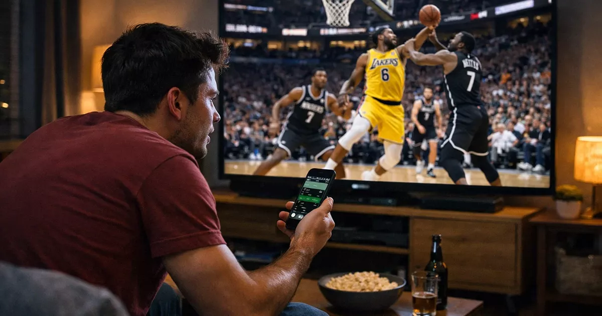 Aficionado emocionado siguiendo partido NBA en directo con móvil en mano