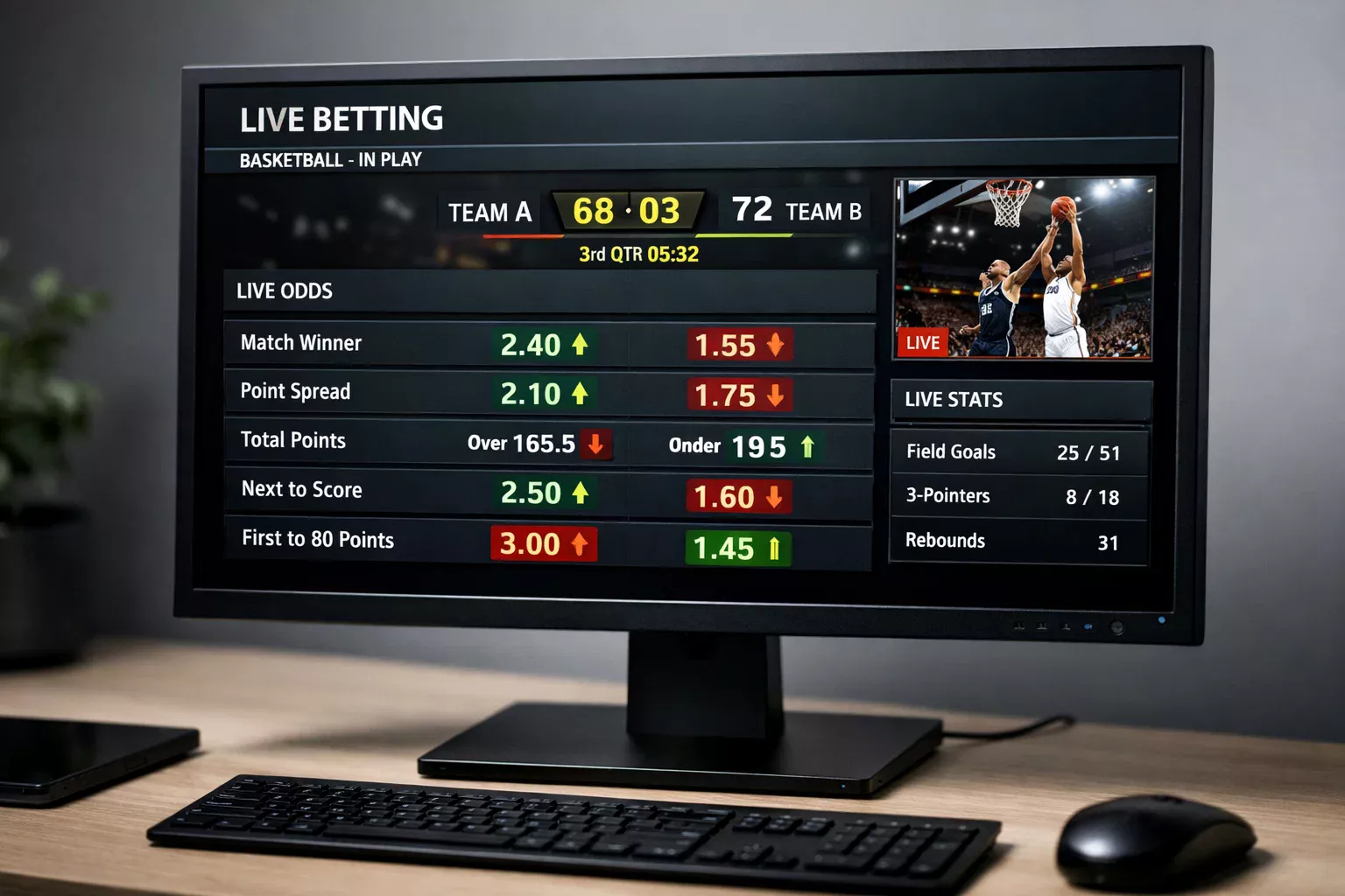 Pantalla de casa de apuestas mostrando cuotas actualizándose en tiempo real