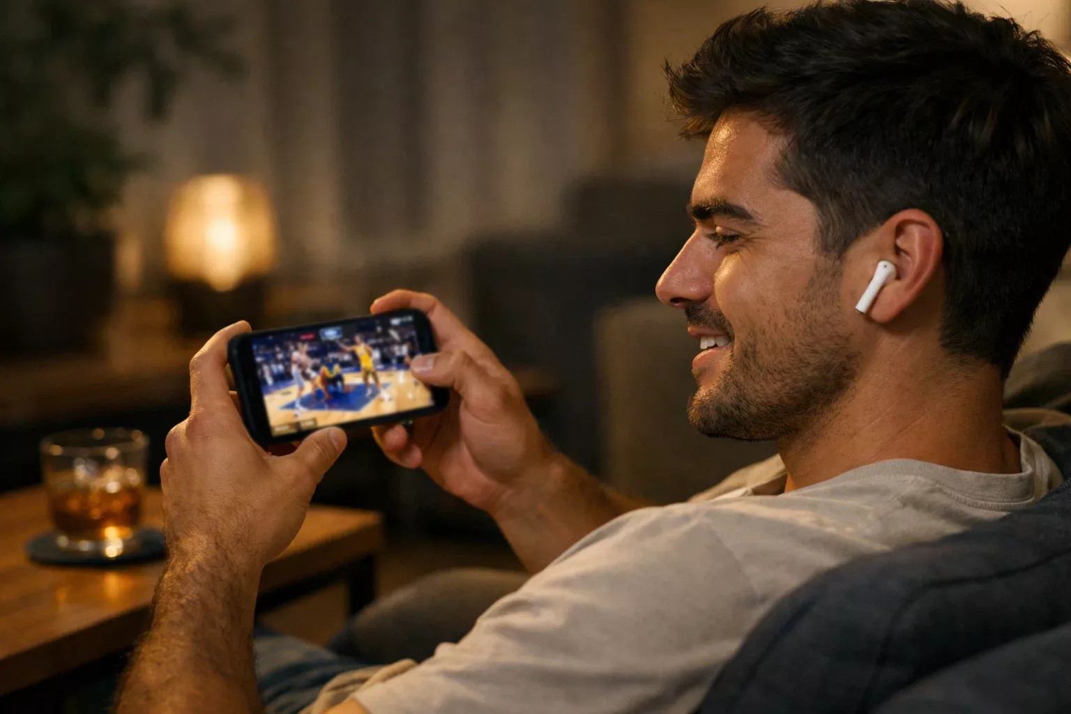 Aficionado usando aplicación móvil para ver partido NBA en streaming mientras apuesta