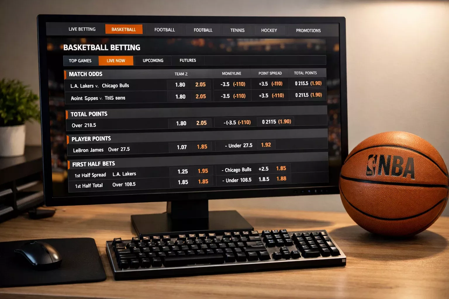 Pantalla mostrando diversos mercados de apuestas NBA con jugadores en acción