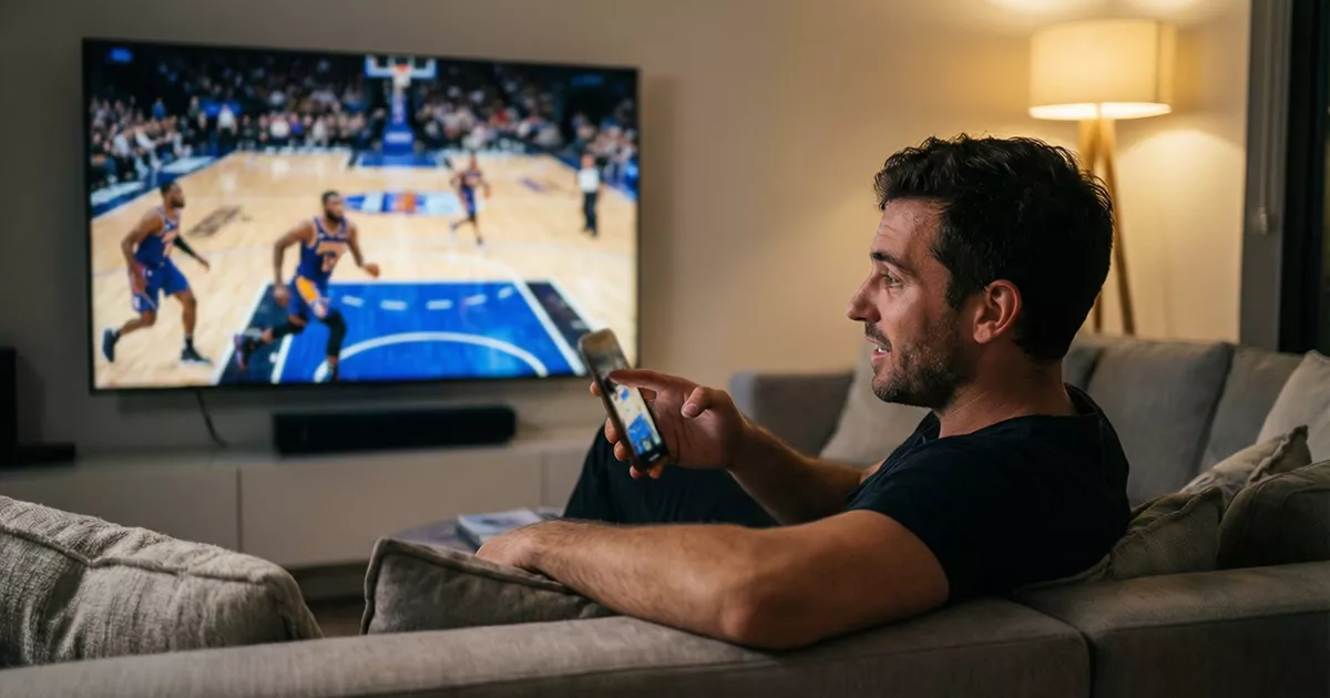 Aficionado viendo partido de NBA en pantalla grande mientras revisa opciones de apuestas