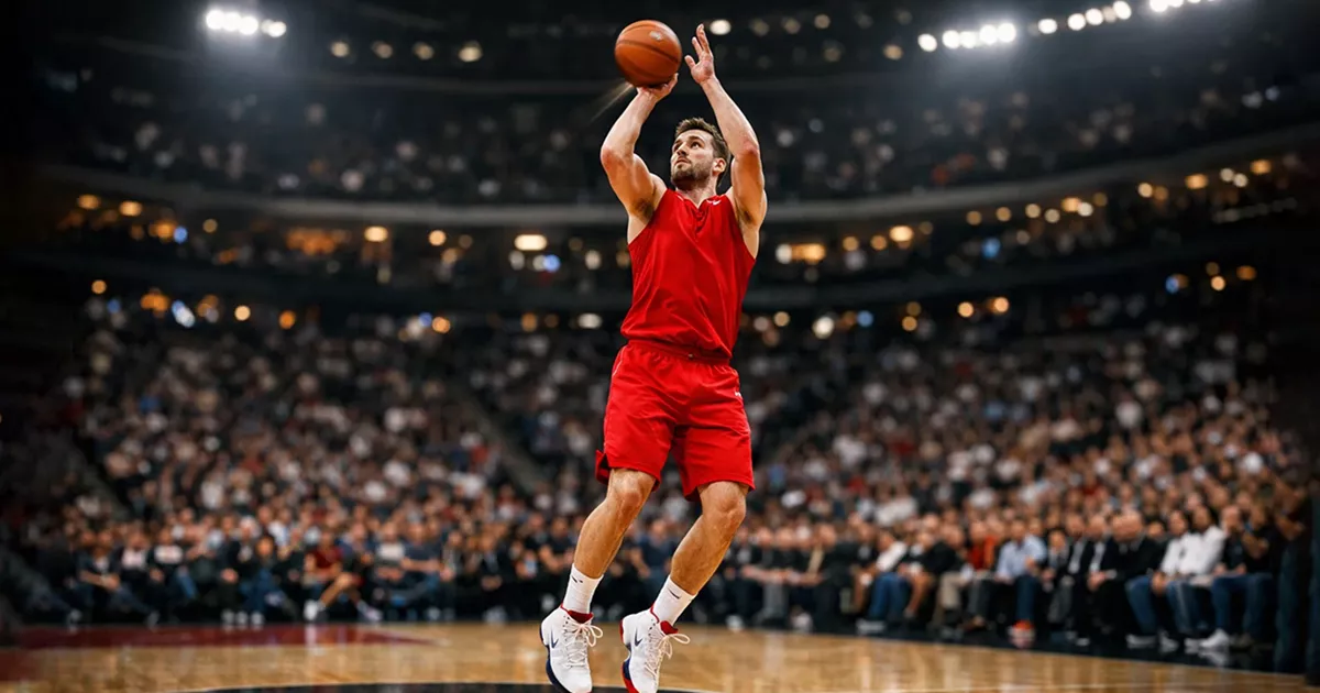 Jugador de baloncesto NBA realizando un tiro en suspensión durante partido oficial