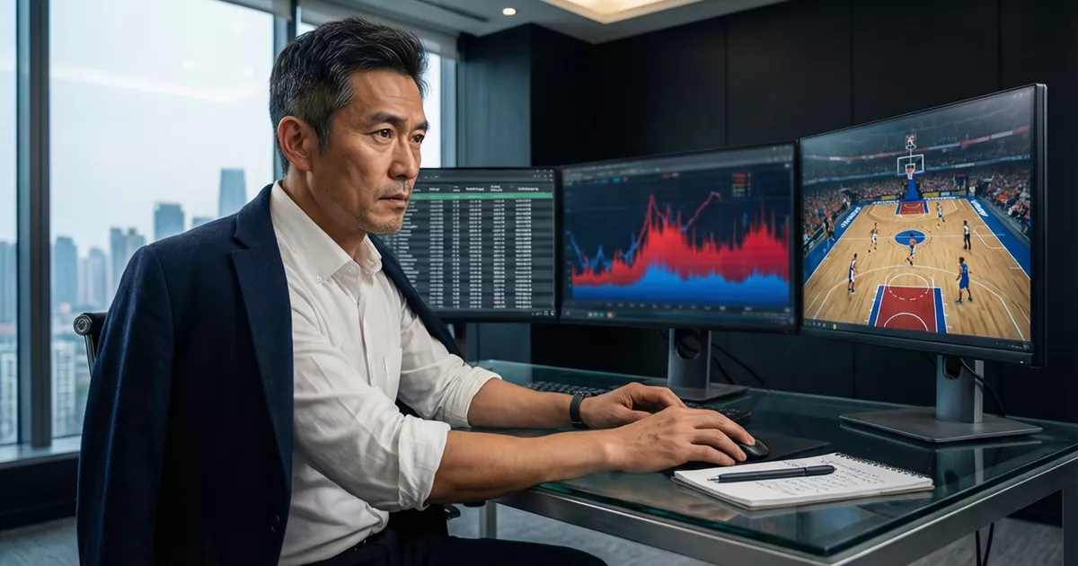 Analista deportivo estudiando estadísticas de baloncesto NBA en pantalla