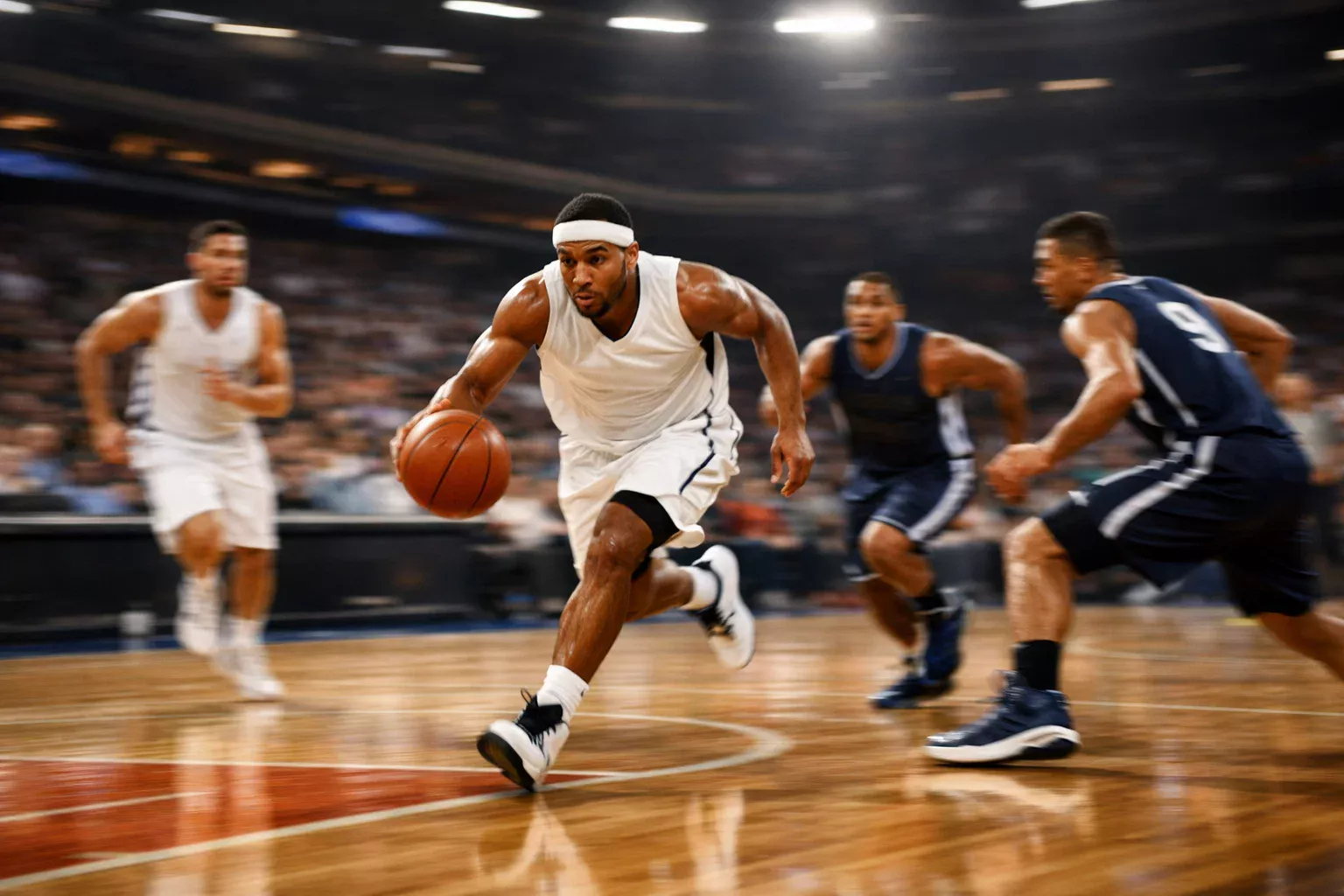 Partido de NBA de ritmo alto con contraataque rápido y transición ofensiva