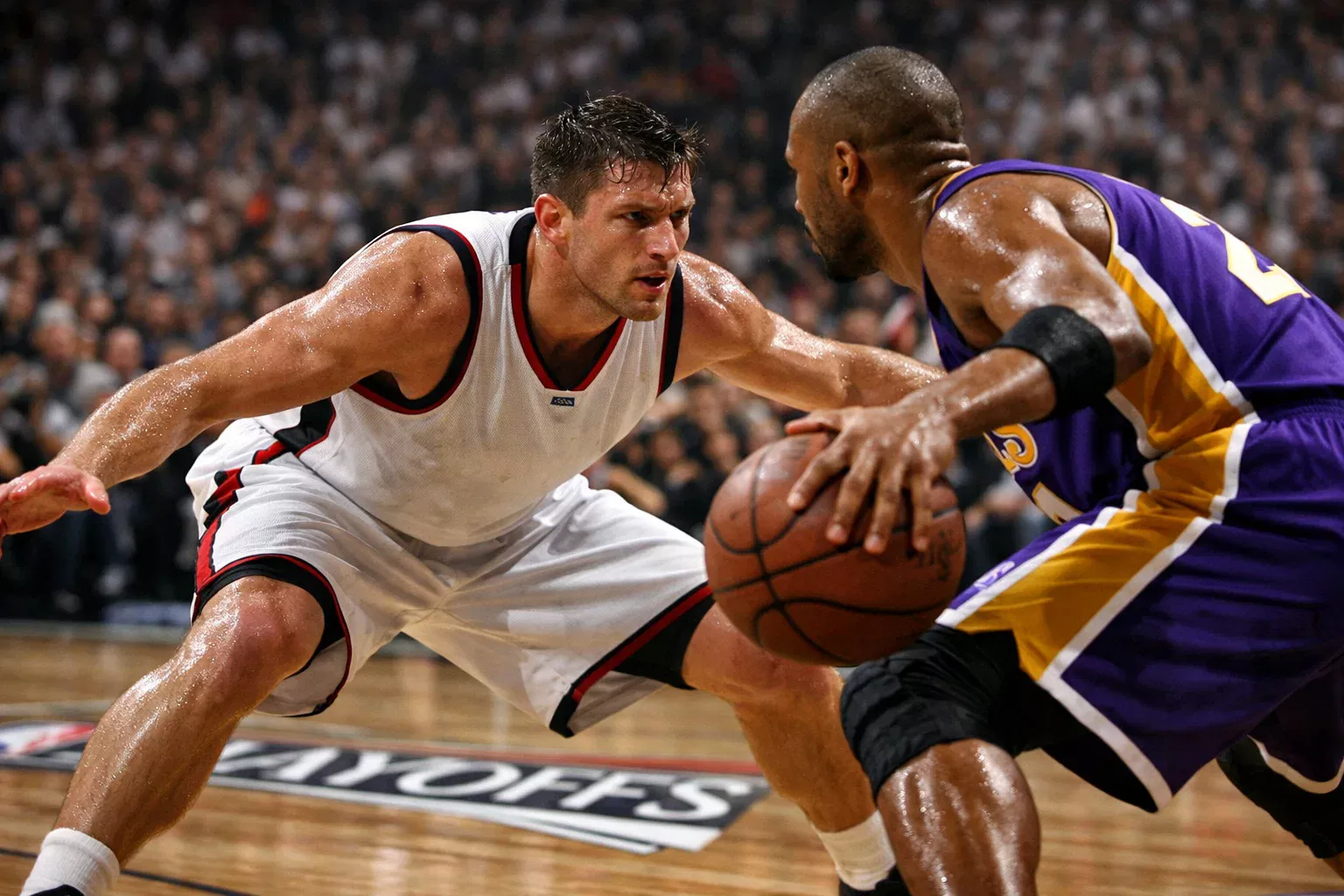 Defensa intensa en partido de playoffs NBA con jugadores disputando balón
