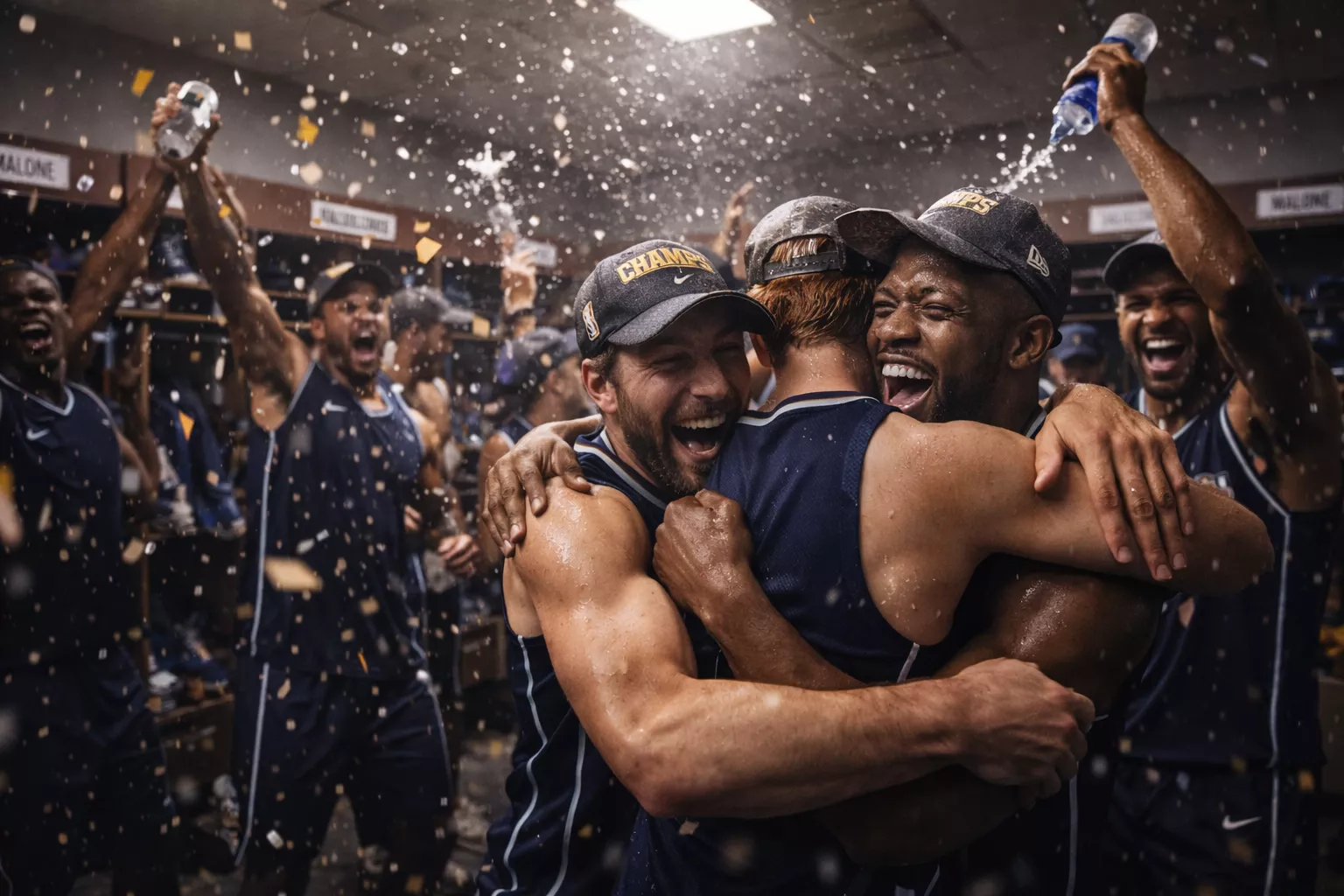 Equipo NBA celebrando victoria de serie en vestuario
