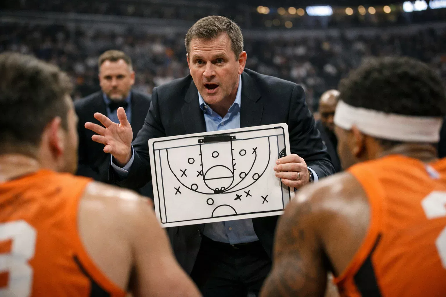 Entrenador de NBA dando instrucciones tácticas durante tiempo muerto